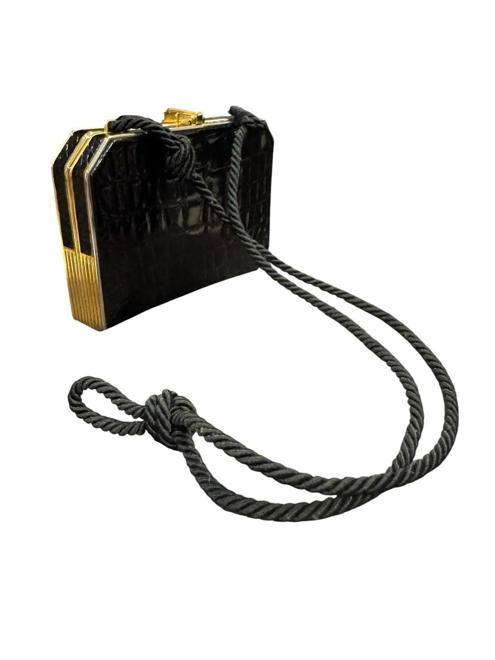Fendi Roma Vtg Black Alligator Mini Box Clutch Corded Strap Goldtone Frame